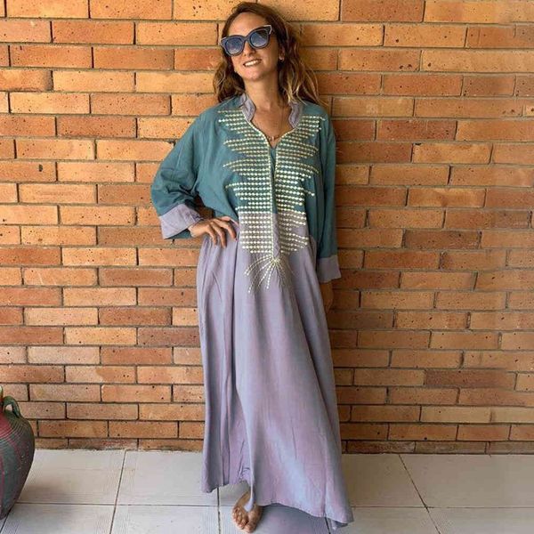 

bohemian printed patchwork v-neck full sleeve summer dress for women clothes plus size streetwear kaftan maxi dresses n1220 210416, White;black