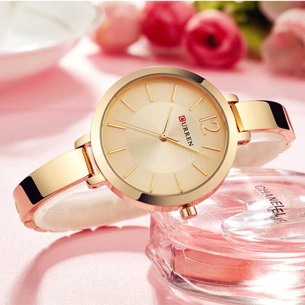 Curren Fashion Gold Women Watches Aço Inoxidável Aço Inoxidável Relógio de Quartzo Relógio Romântico Mulheres Montre Femme 210616