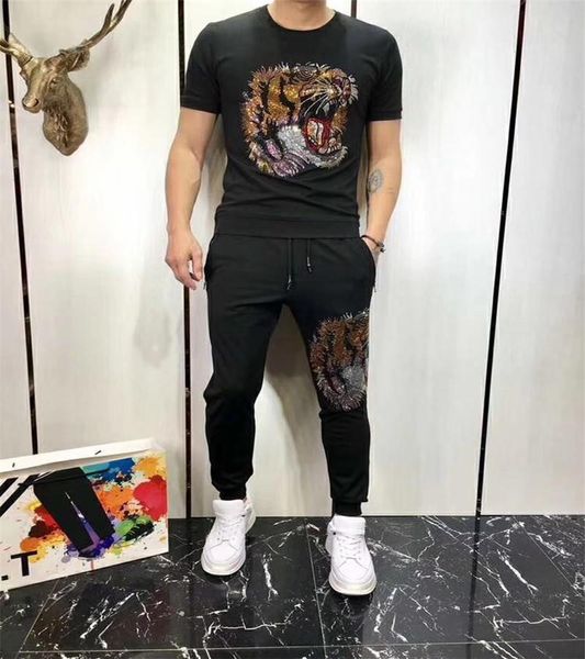 

men's tracksuits design fashion diamond sportswear tiger drilling short sleeve clothing summer 2-piece set, Gray