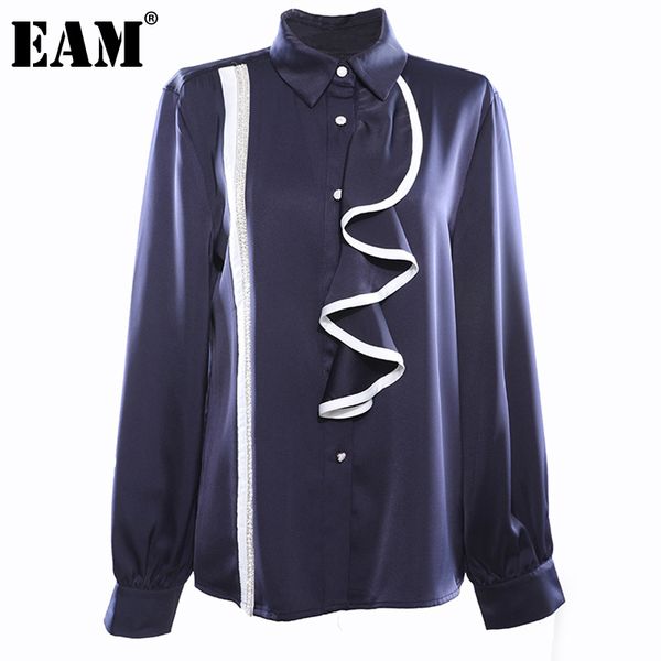 

[eam] women navy big size ruffles beaded blouse lapel long sleeve loose fit shirt fashion spring autumn 1dd6422 21512, White