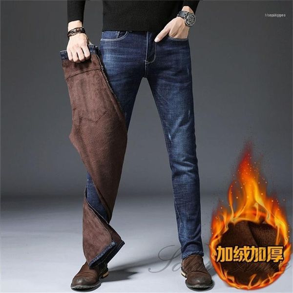

men's jeans 2021 winter mid-waist plus velvet feet thick warm stretch youth slim casual pants1, Blue