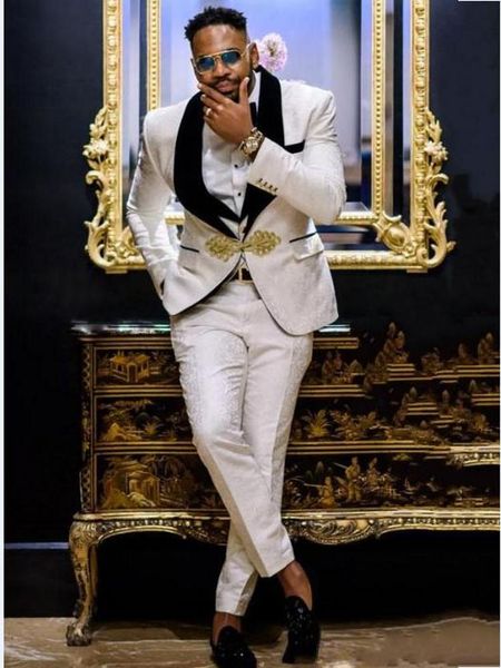 Personalizza Ivorio Paisley Groom Smoking Smoking Bel Abito da sera da uomo Bello Tostato Vestito Party Blazer Vestiti (Giacca + Pantaloni + Vest + Tie) No: 090