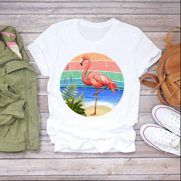 

women cute cartoon flower striped flamingo beach summer shirt ladies womens t shirts graphic female tee, White