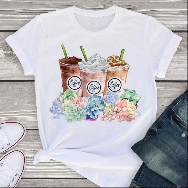 

women t shirts graphic coffee ice cream flower printed short sleeve summer lady shirt tees clothing female womens, White