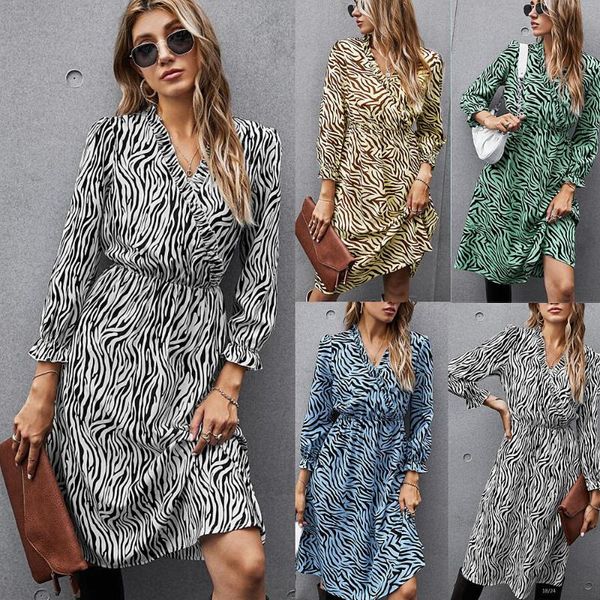 

casual dresses women v neck long shirt dress autumn flowy print sleeve loose midi lady high waist office ladies, Black;gray