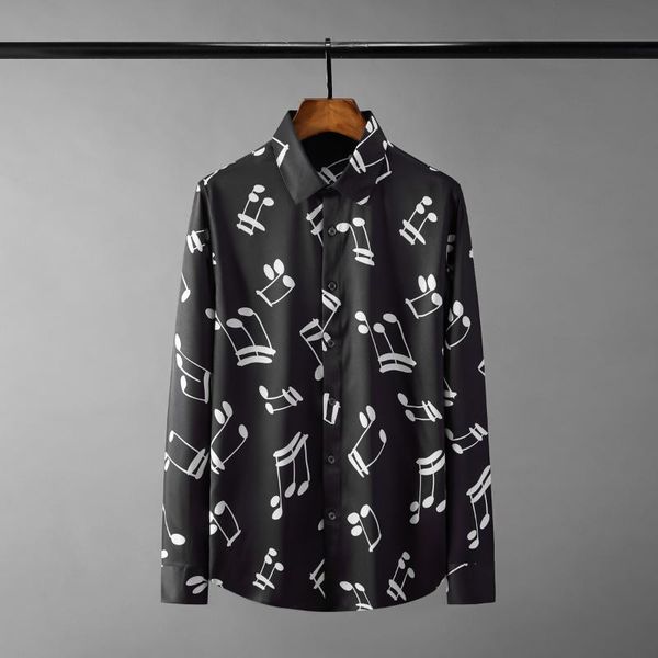 

men's casual shirts cotton mens long sleeve musical notation printing dress fashion slim fit party man, White;black