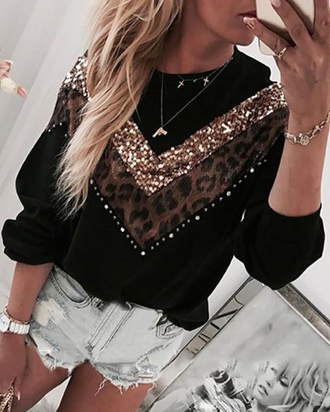 

women's t-shirt sequined leopard print patchwork pullovers 2021 fall long sleeve loose causal o-neck outwear, White