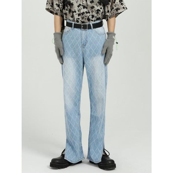 

men | 2021 four seasons laser mesh jeans men's mid waist casual straight split pants, Blue