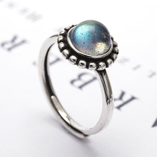 

female charm rainbow moonstone stone ring vintage silver color wedding rings for women punk bride round thin engagement, Slivery;golden