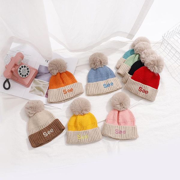 

children's cute knitted hat woolen autumn and winter thicken warm baby korean version of detachable wool ball letters caps & hats, Yellow