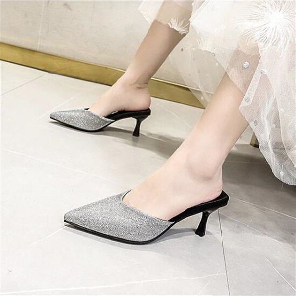 

dress summer mules high heels pointed toe bling fashion ladies women shoes gold outside slides slippers 1 keoa, Black