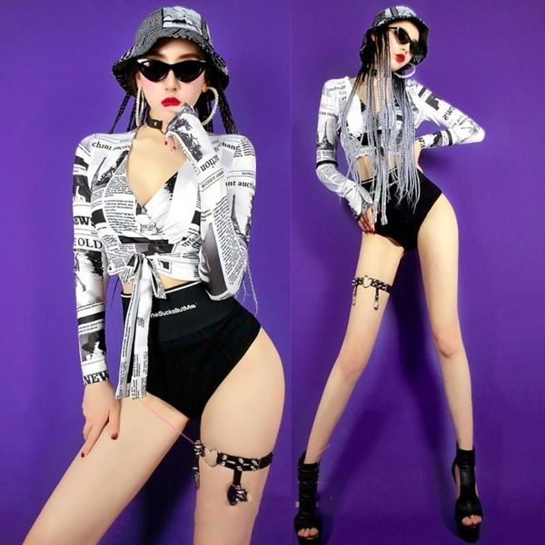 

stage wear women's gogo dance costume long sleeve printed v-veck crop stretch pole shorts nightclub jazz dj clothes dnv14957, Black;red