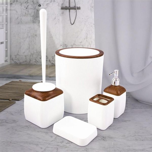 

bath accessory set bathroom marble pattern white wood 5 pieces