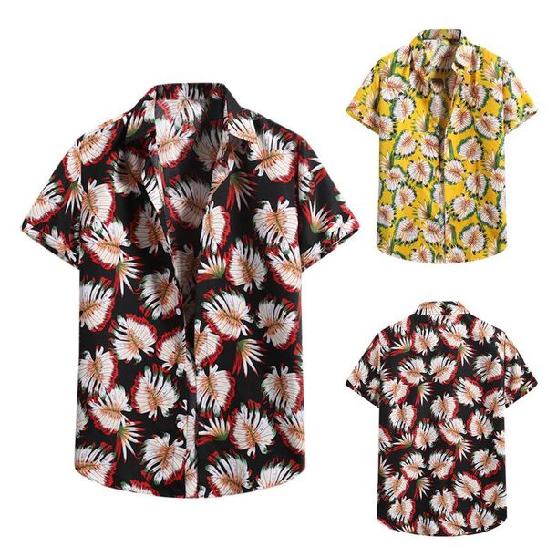 

men's casual shirts 2021 summer short sleeve flower printed vintage blouse hawaiian shirt male plus size men clothing, White;black