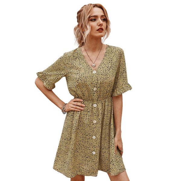 

women's summer dress casual high waist a-line fashion speckled dresses elegant ruffle party mini dress boho ladies sundress 210421, Black;gray