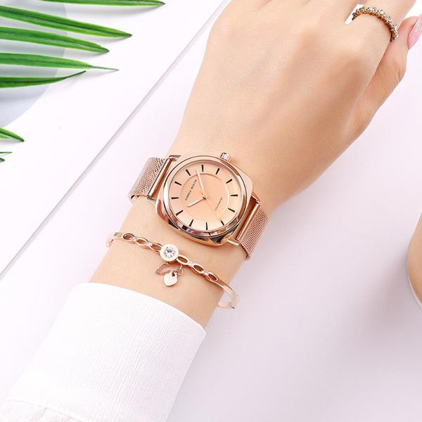 

wristwatches square quartz women watch waterproof stainless steel mesh belt japanese movement fashion simple trendy hand jewelry accessories, Slivery;brown