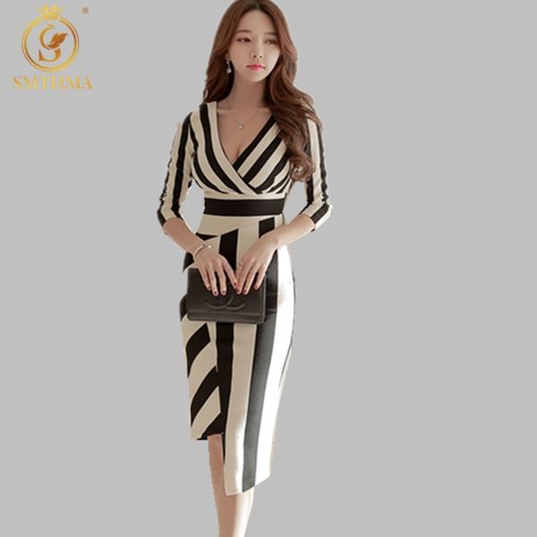 Moda Vestidos de Verão Mulheres Sexy Elegante Escritório Senhora Desgaste para Trabalho Dress Business Fitted Stripe Festa Vestido 210520