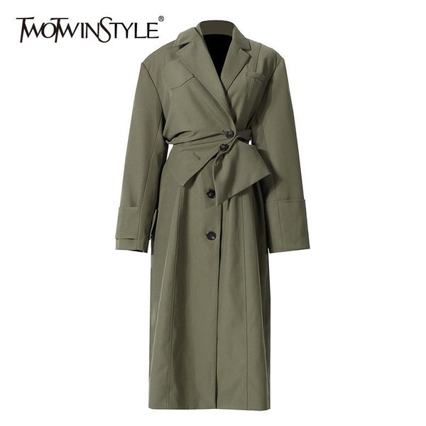 

twotwinstyle solid tunic minimalist jacket for women lapel long sleeve high waist vintage windbreaker female fashion clothes 210517, Tan;black