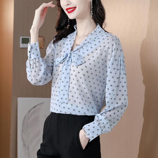 

women's blouses & shirts chiffon loose fashion polka dot bow tie summer casual long sleeve blusas houthion, White
