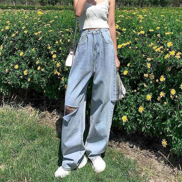 

high waist straight jeans women summer autumn loose wide leg pants fashion holes vintage korean style ins 210915, Blue