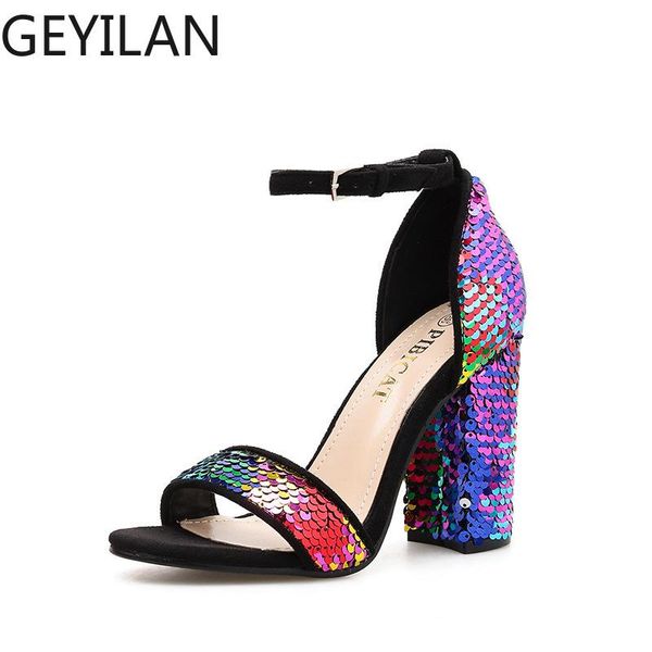 

dress shoes 2021 fashion ankle strap women sandals sequined cloth buckle square heel open toe summer high office sandalias, Black