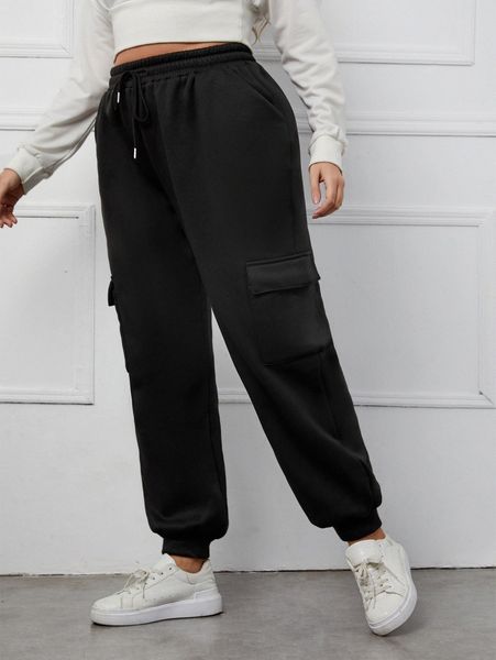 

plus drawstring waist flap pocket sweatpants l5oz#, Black