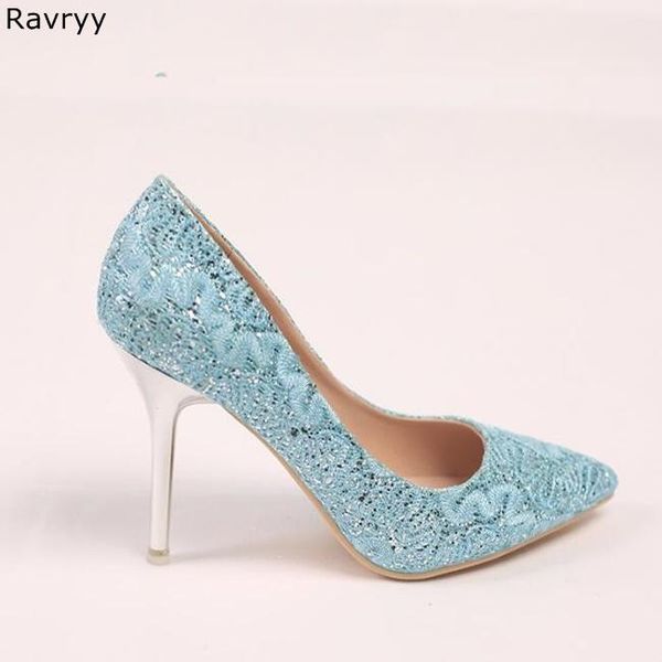 

female wedding dress shoes 9cm lignt blue woman high heels slip-on pumps bling paillette stiletto bride, Black