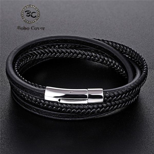 

charm bracelets fashion stainless steel leather rope men women black braid multilayer wrap homme, Golden;silver