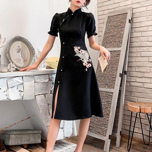 

ethnic clothing guochao 2021 style cheongsam dress chinese black summer women's, Red