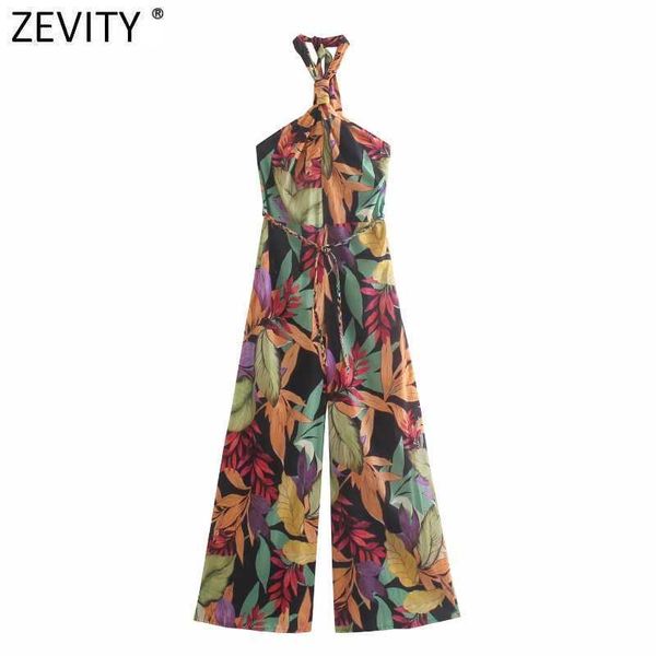 Zevity Frauen Tropical Floral Print Breite Bein Hosen Halter Overalls Chic Dame Sexy Backless Side Zipper Casual Strampler P1134 210603