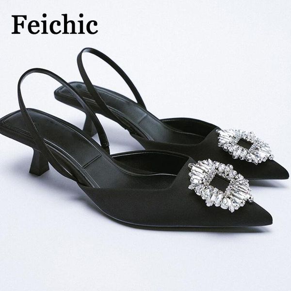 

dress shoes feichic 2022 women's rhinestone buckle wedding pointed toe stiletto back strap crystal pumps party night tacones traf, Black