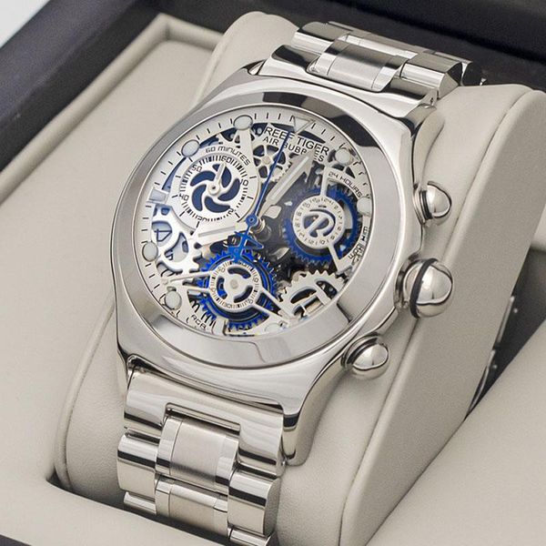 

wristwatches reef tiger/rt men chronograph sport watch skeleton dial with date stainless steel quartz crystal glass waterproof clock, Slivery;brown