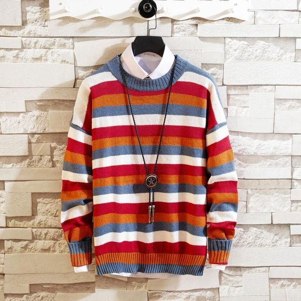 

korean style men sweaters pullovers long sleever jumper colorful knitted autumn casual sueter sleeve rainbow sweater men's, White;black