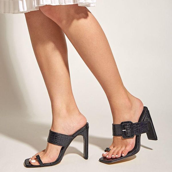 

summer set toes buckle thick high-heeled women's sandals square black shoes casual all-match beach slippers