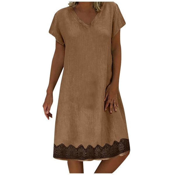 

casual dresses women fashion plus size v-collar solid short sleeve comfortable dress midi sundress, Black;gray