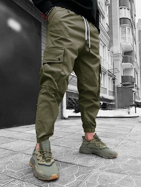 

men flap pocket drawstring cargo pants d4ae#, Black