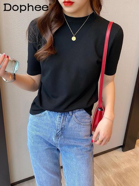 

spring and summer solid color casual knitted tshirt slim fit short-sleeved t-shirt all-match for women women's, White