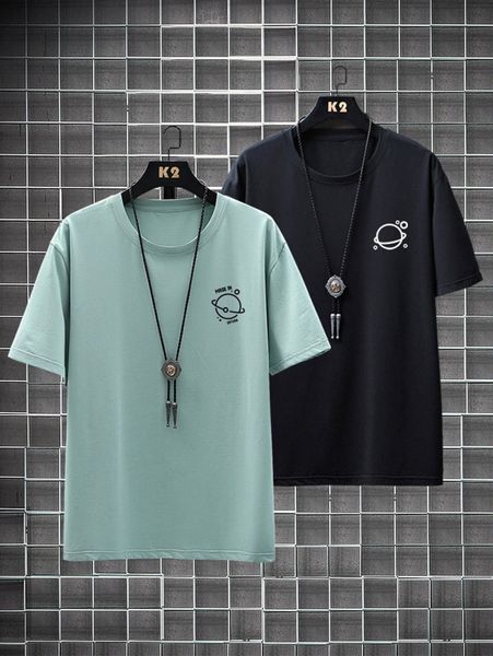 

men 2pcs slogan and planet print tee p9po#, White;black