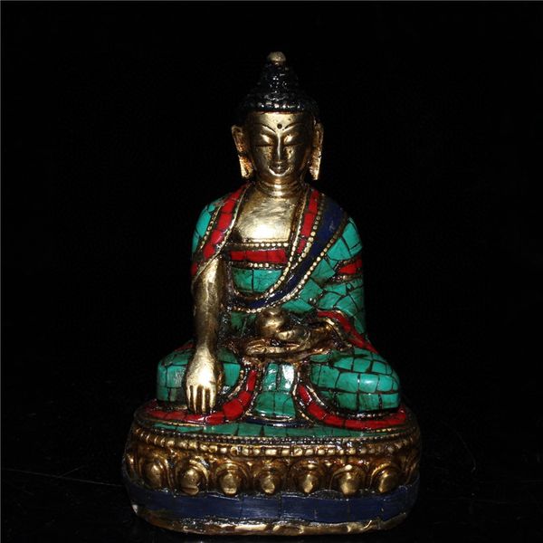 Chinês velho velho artesanato tibetano verde embutido puro estátua de buddha cobre