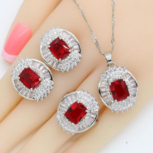 

earrings & necklace 2021 red stones gold color jewelry sets for women 7 colors stud pendant ring gift, Silver