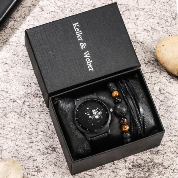 

wristwatches men watch spaceman 3 pcs gift box men's watches black leather strap wristwatch for women, Slivery;brown