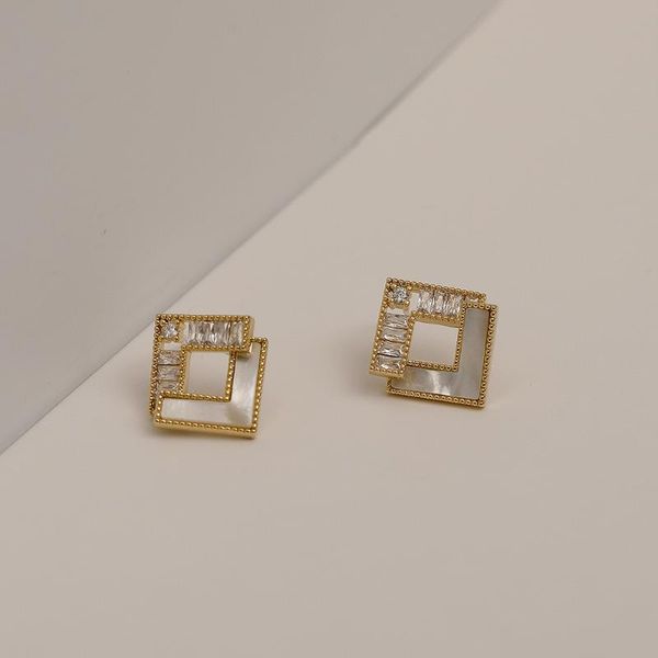 

geometric rhombus stud earrings for women ol korean fashion jewelry shell zirconia s925 sterling silverpin high quality, Golden;silver