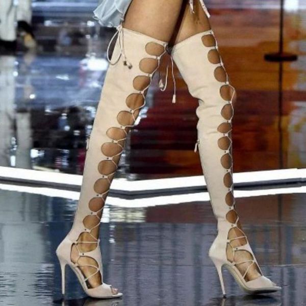 

sandals knee high boots thin heel heels gladiator strap lace-up nightclub pumps summer cool suede sandalias muje, Black