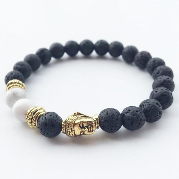 

beaded, strands women men bracelet personality design volcanic rock beads and white sparkling buddha head gift choose drop, Black