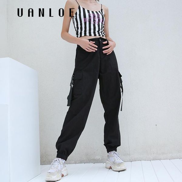 

women's pants & capris black high waist cargo women pockets patchwork loose streetwear pencil 2021 fashion hip hop trousers, Black;white