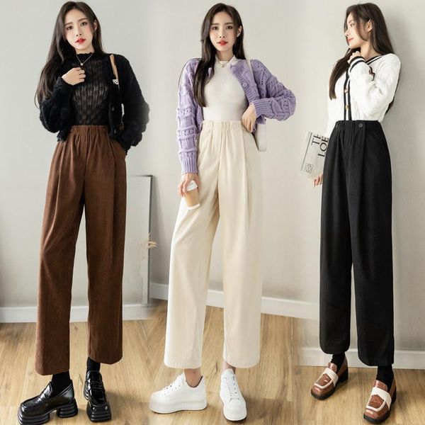 

women's pants & capris cropped trousers straight tube white casual for small women autumn and winter 2021 loose thin wide leg, Black;white