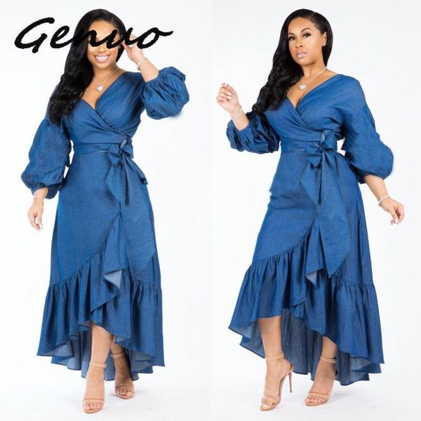 

casual dresses genuo 2021 women denim lantern long sleeve v-neck high waist sashes ruffles hem vintage maxi dress party vestidos, Black;gray