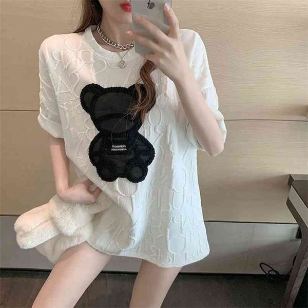 

funny kawaii cartoon tees women clothes harajuku girls letter jacquard o-neck short sleeve summer casual basic t shirt 210708, White