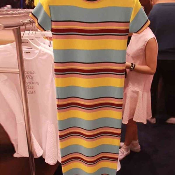 Korobov Koreanische Sommer Neue Chic Kleid Vintage Regenbogen Gestreiften Kurzarm Kleider Streetwear Vestidos 2a640 210430