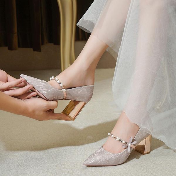 

dress shoes french wedding summer women show wear 2021 pregnant thick heel bride high shoe not tired feet, Black